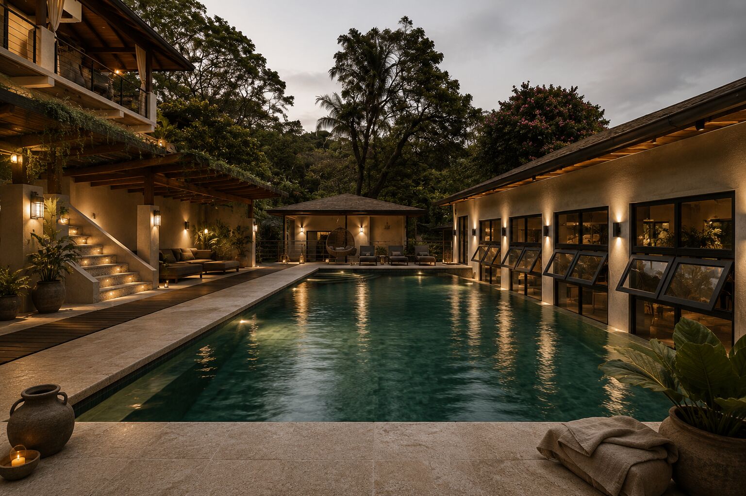 A boutique pool at dusk