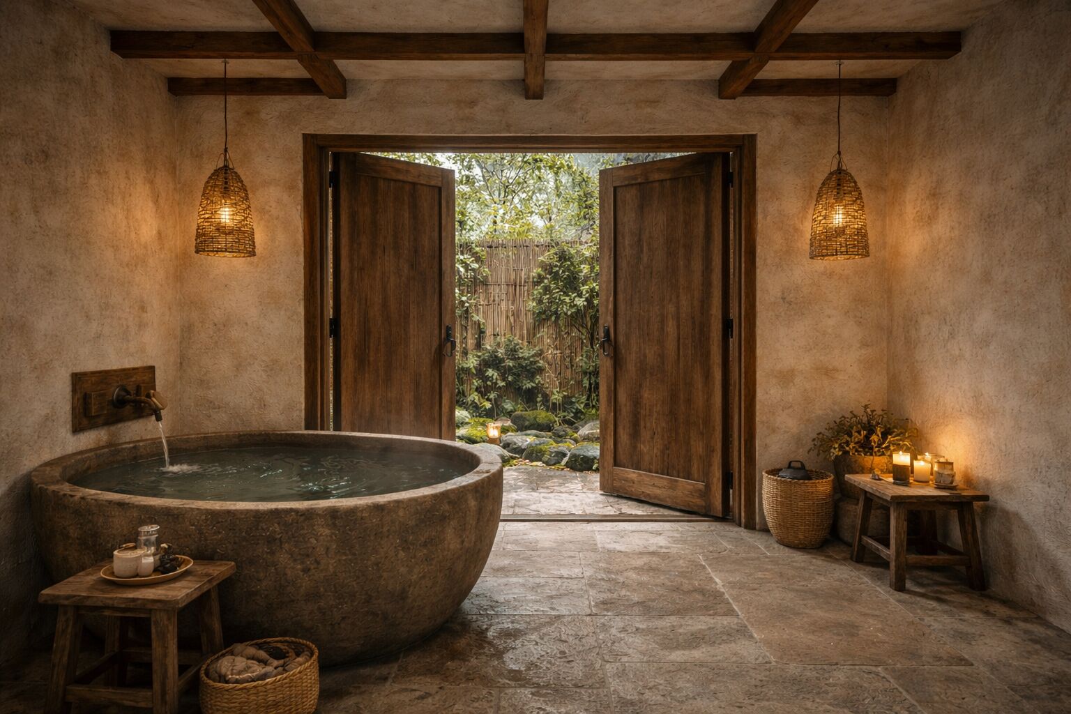 Indoor-outdoor stone bath